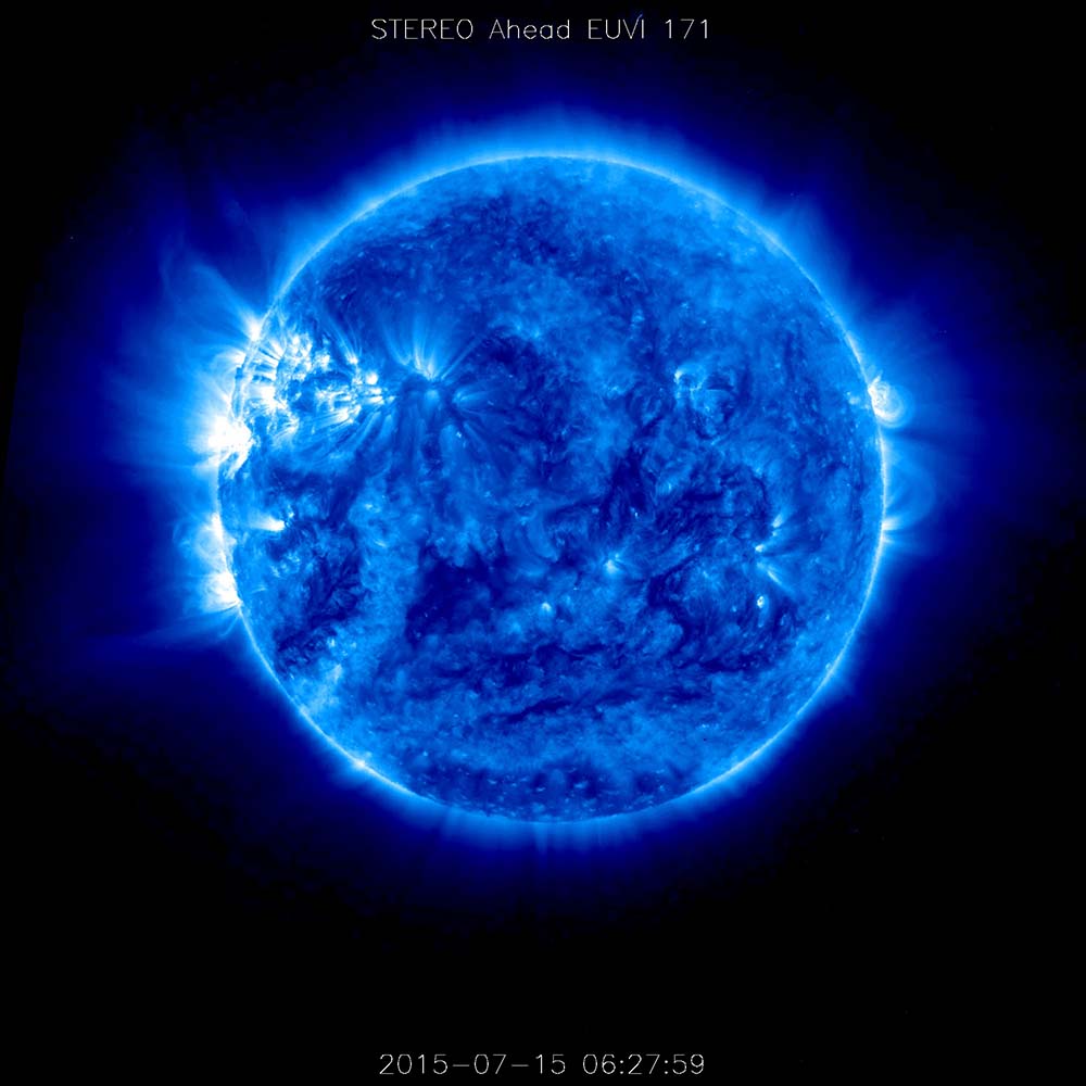 An image of the sun taken with the Extreme Ultraviolet Imager onboard STEREO-A, which collects images in several wavelengths of light that are invisible to the human eye. This image shows the sun in wavelengths of 171 angstroms, which are typically colorized in blue.
Credits: NASA/STEREO